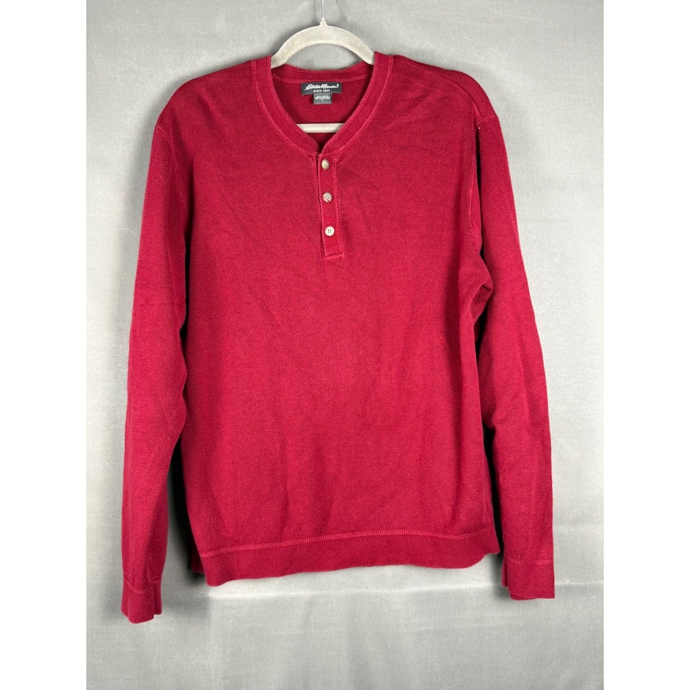 Eddie Bauer Henley Shirt Mens L Red 100% Cotton Long Sleeve 3-Button Top